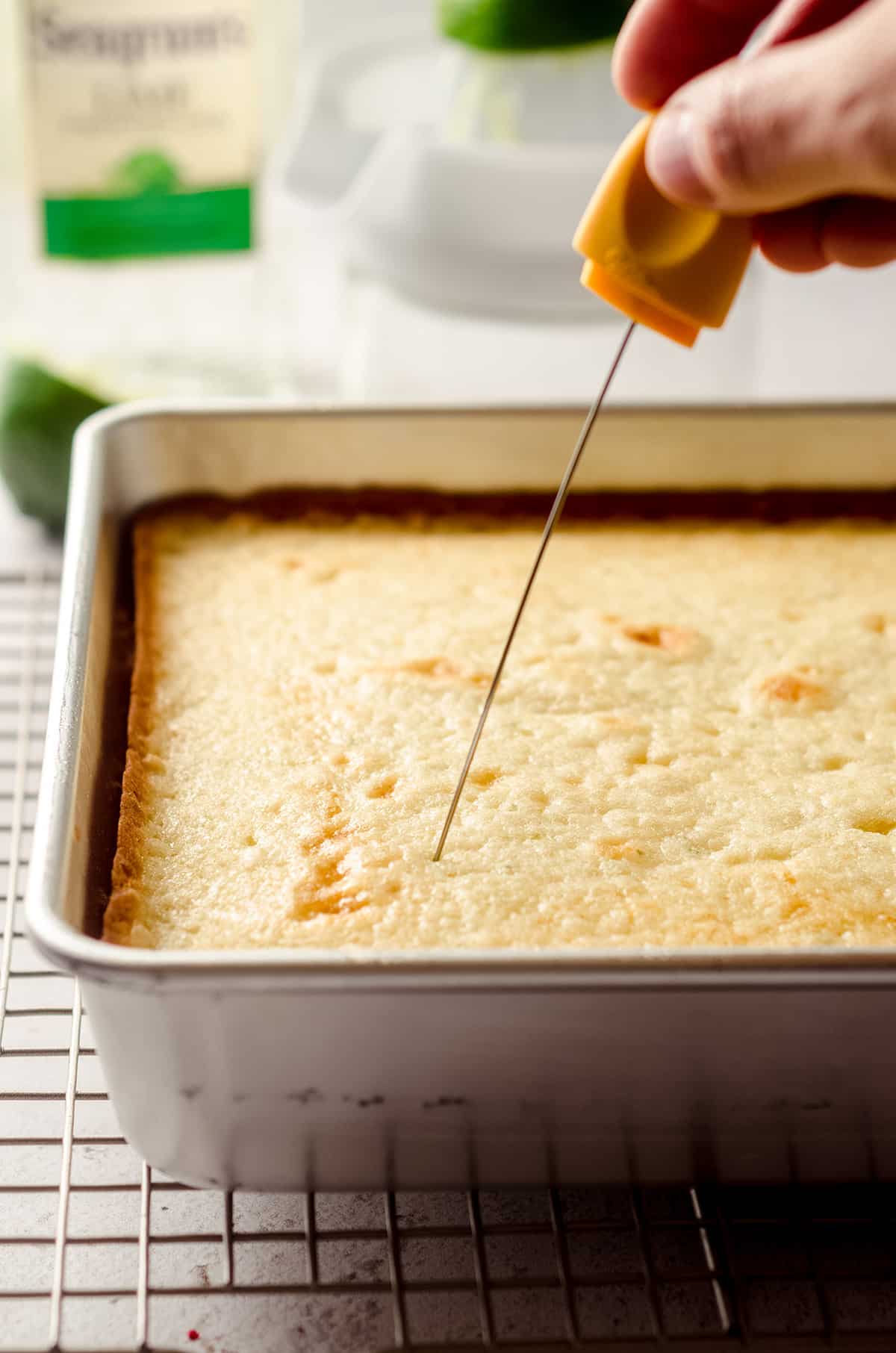 poking holes into a gin and tonic cake