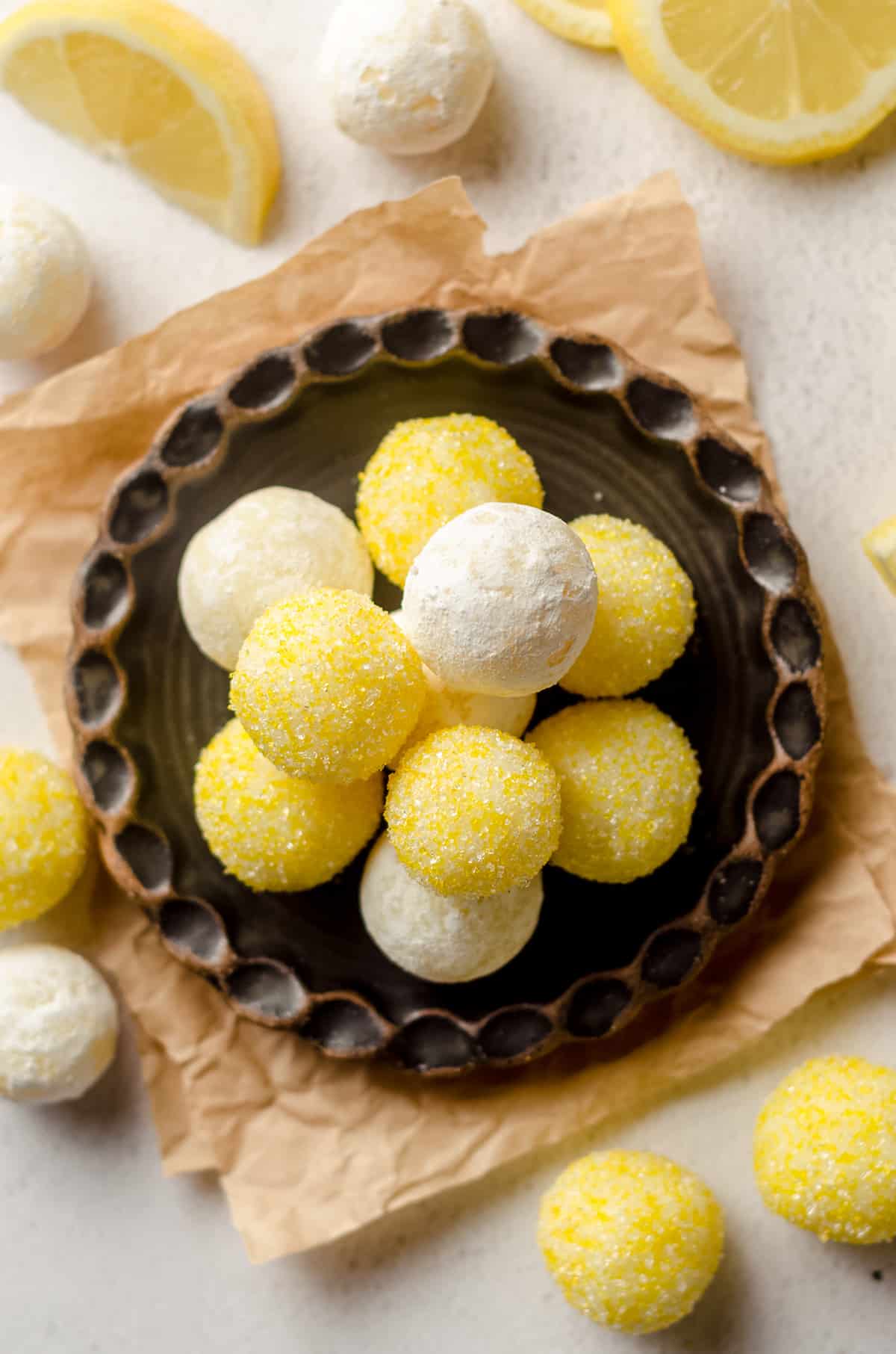 aerial photo of lemon truffles on a plate