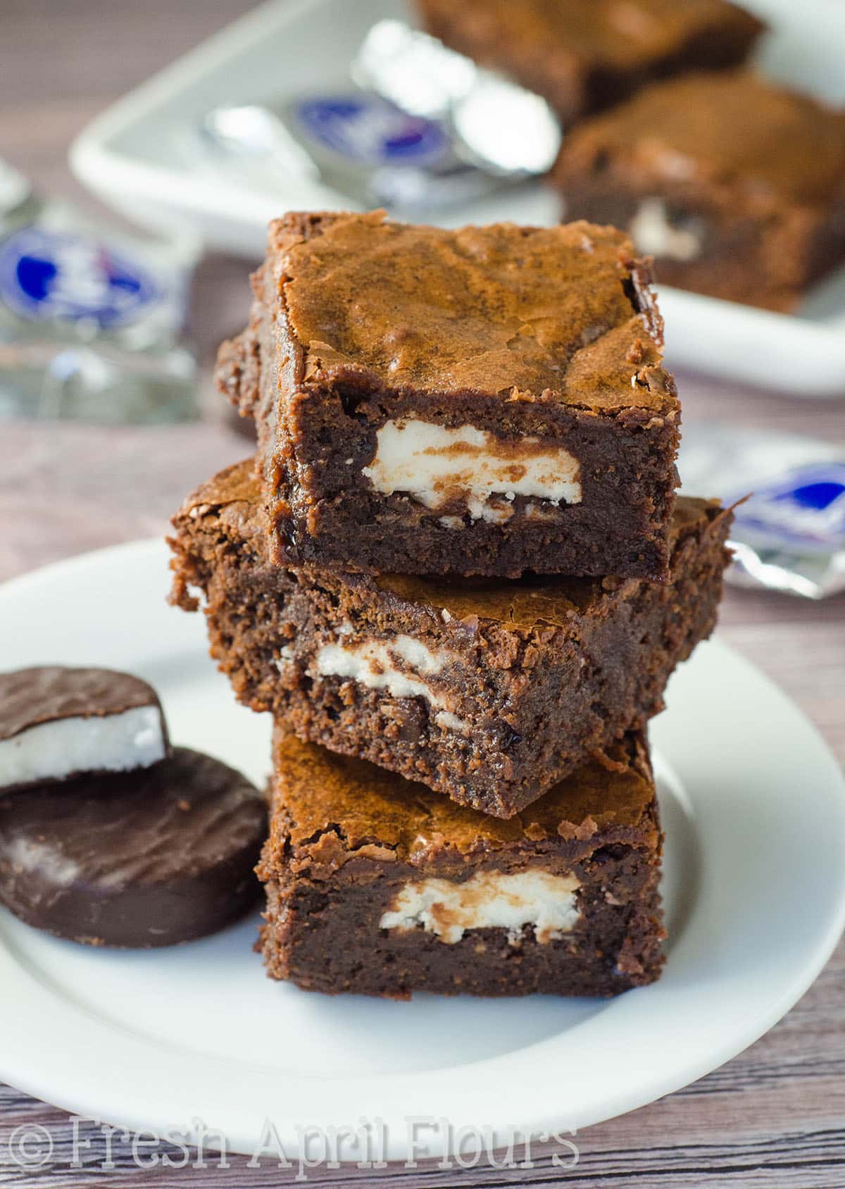 A stack of Peppermint Pattie stuffed brownies.