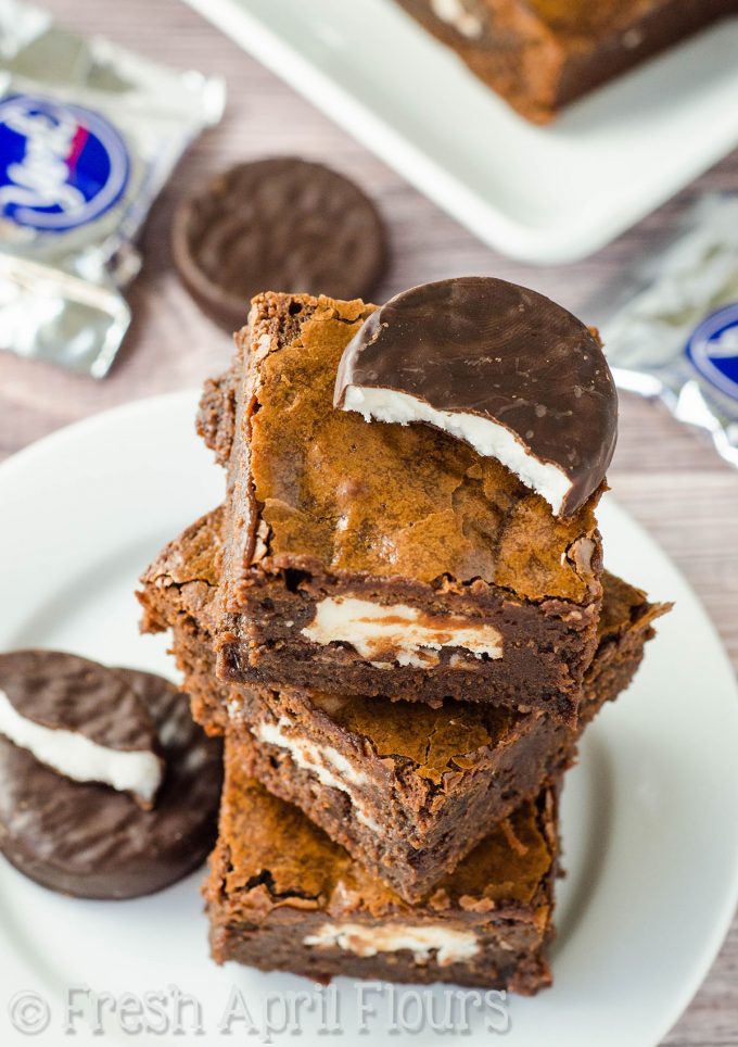 Peppermint Pattie Brownies: Rich, dense brownies stuffed with York Peppermint Patties. The perfect treat for mint chocolate lovers!