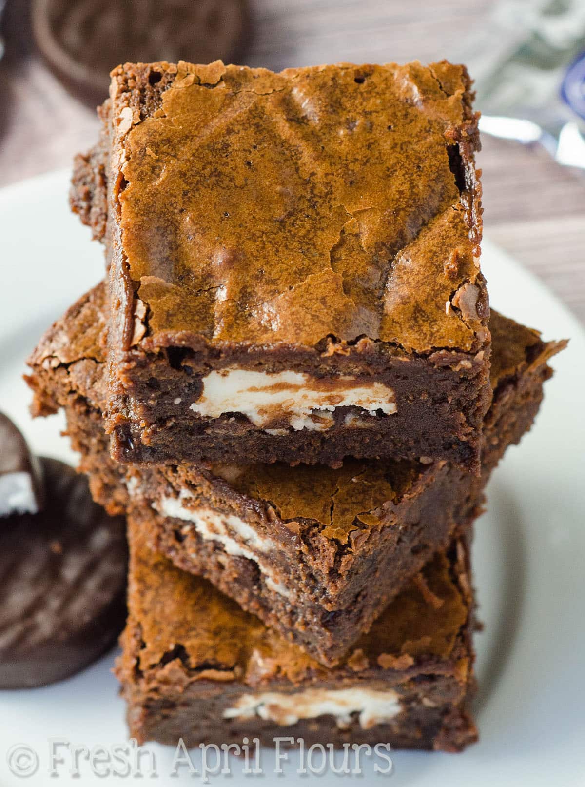 Stack of Peppermint Pattie stuffed brownies. 