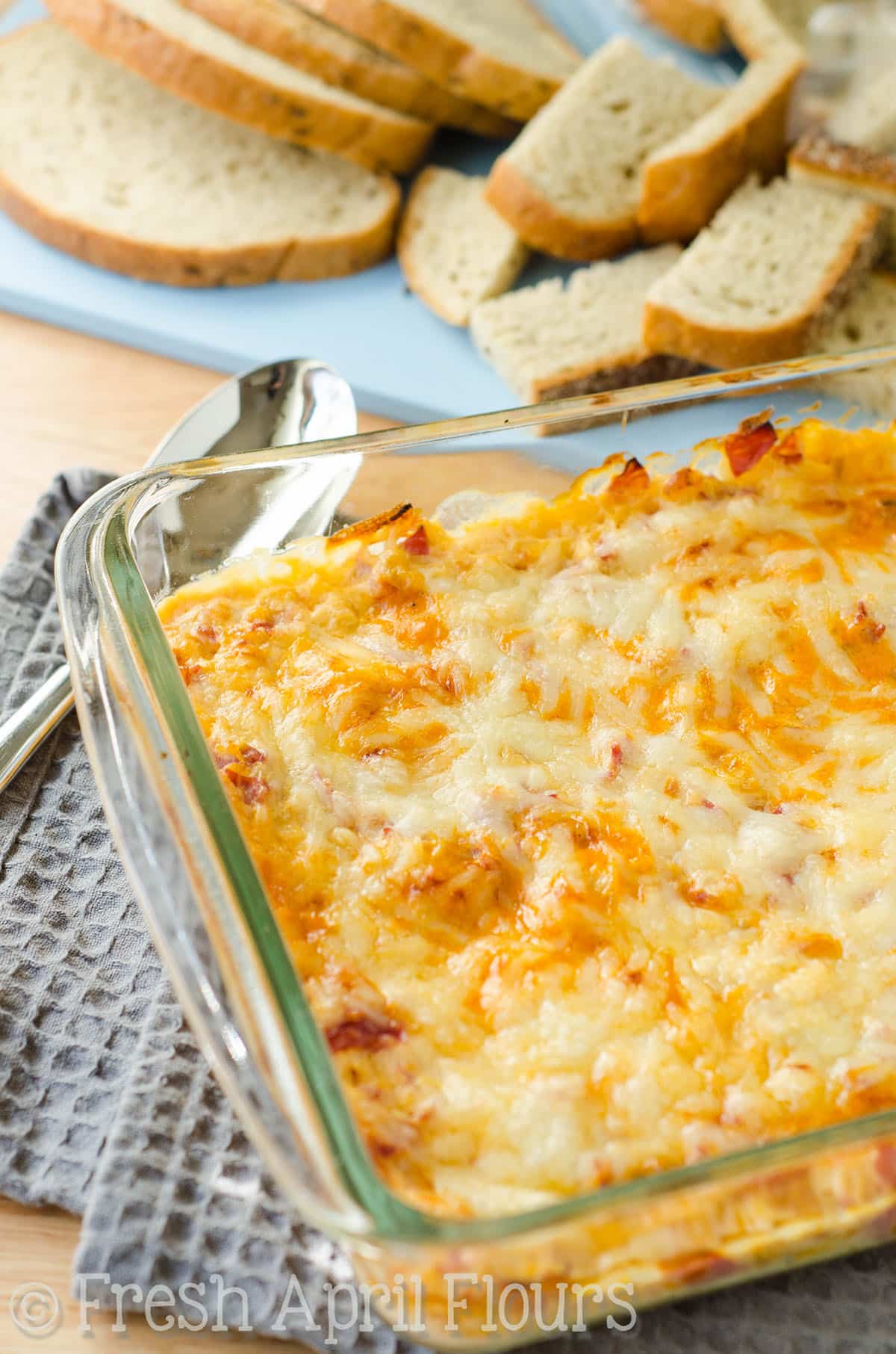 Reuben dip in a glass baking dish.