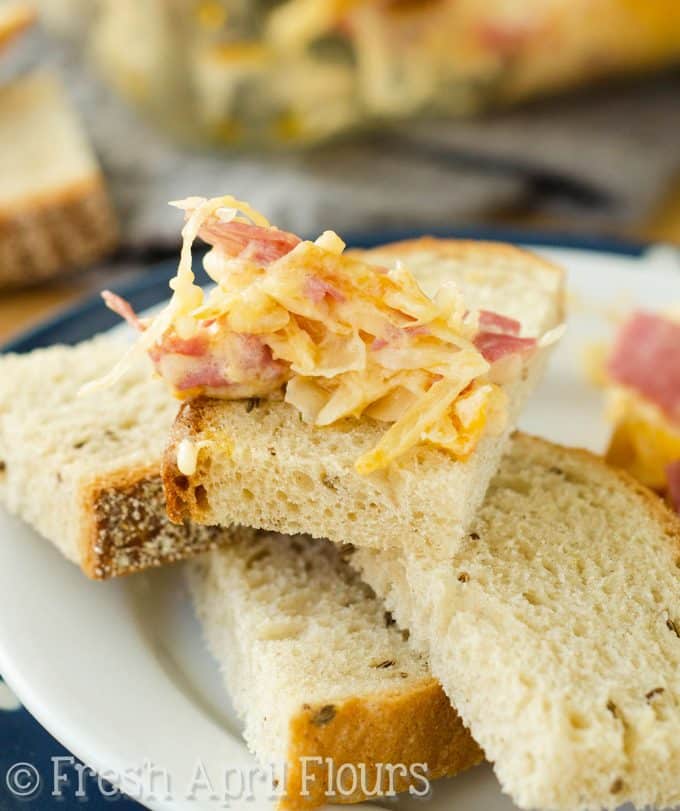 Reuben Dip: Loaded with corned beef, sauerkraut, Thousand Island dressing, and plenty of cheese, this dip will be your new favorite way to enjoy the classic sandwich-- in dippable form!