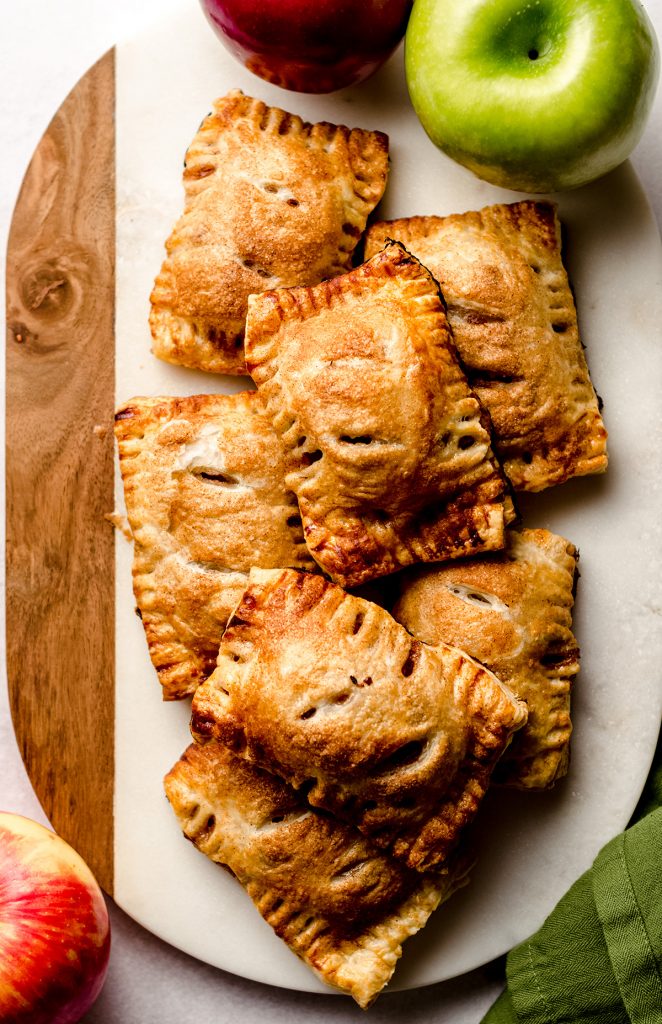 aerial photo of apple hand pies on a platter