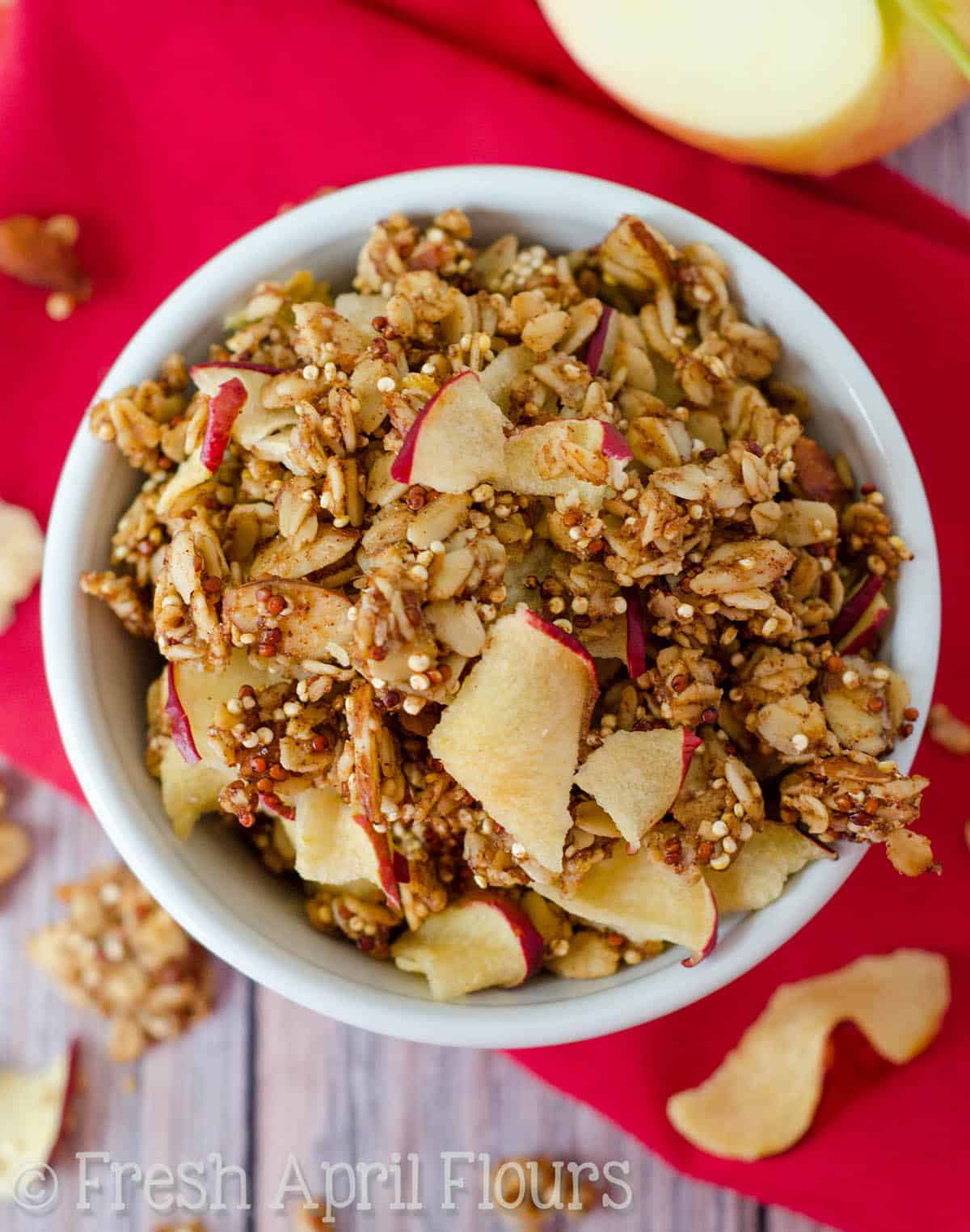 Aerial photo of a bowl of apple quinoa granola.