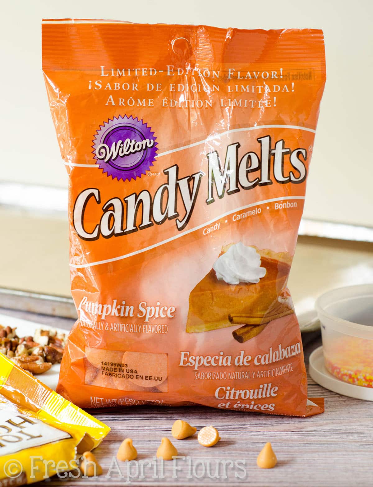 A bag of pumpkin candy melts.