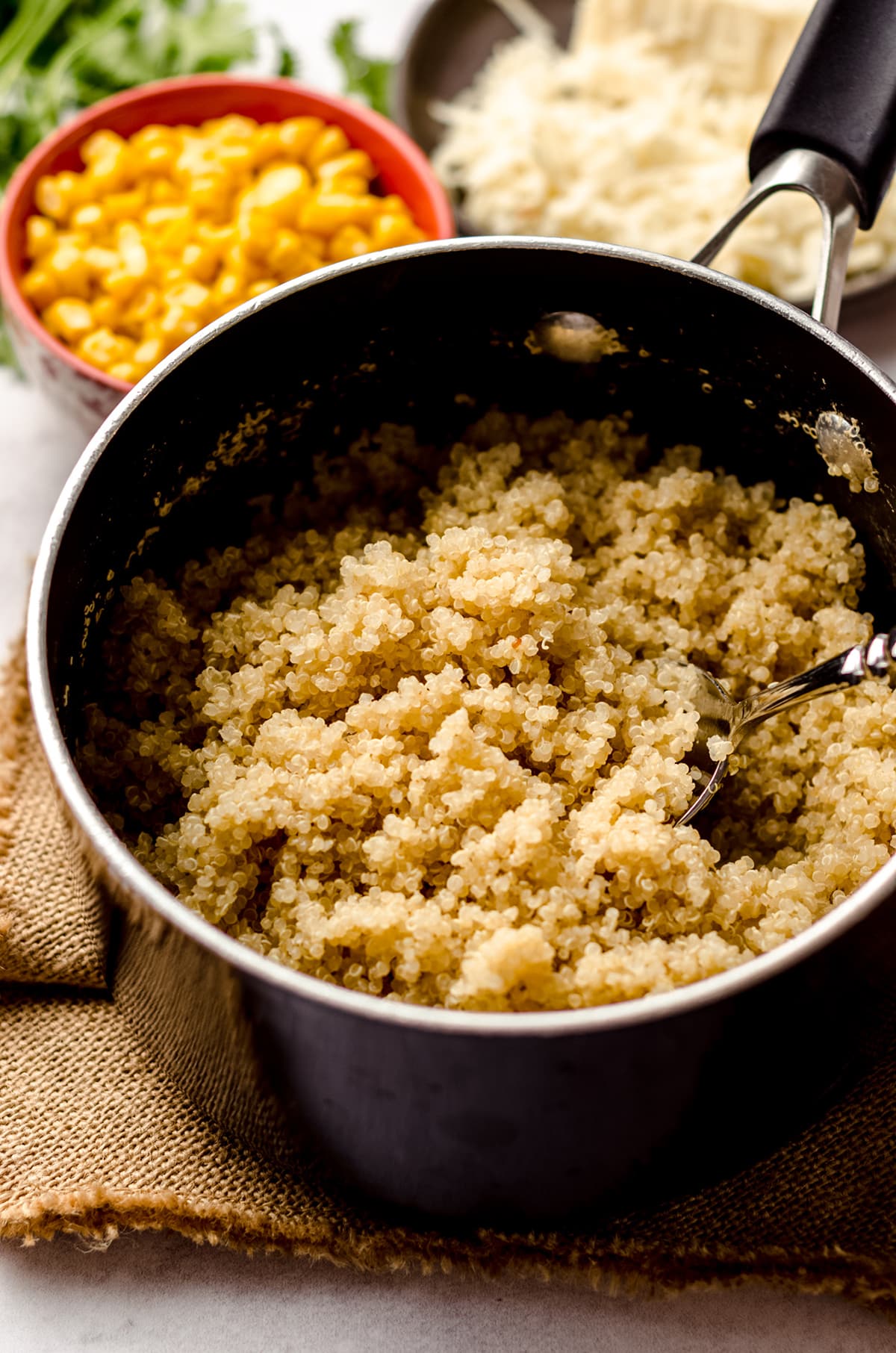 cooked quinoa in a saucepan
