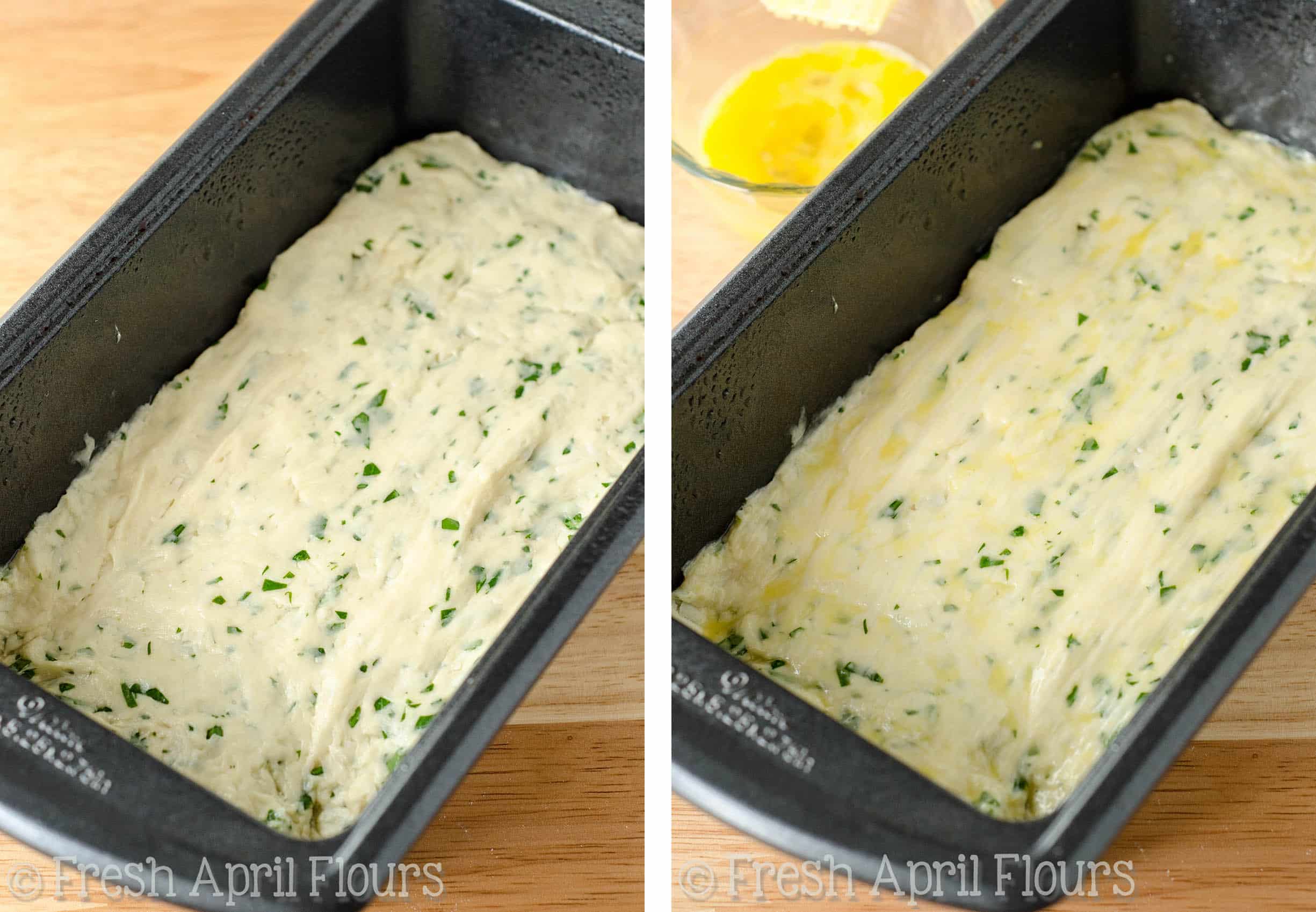 Parmesan parsley bread dough in a baking pan.