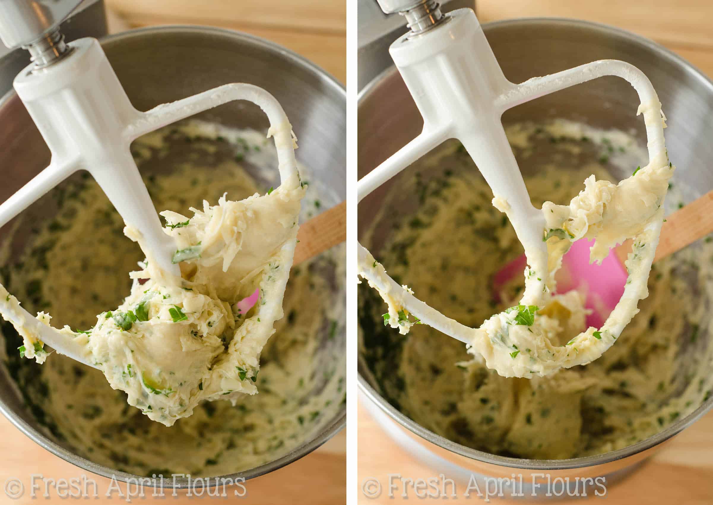 Parmesan parsley bread dough on the beaters of a mixer.