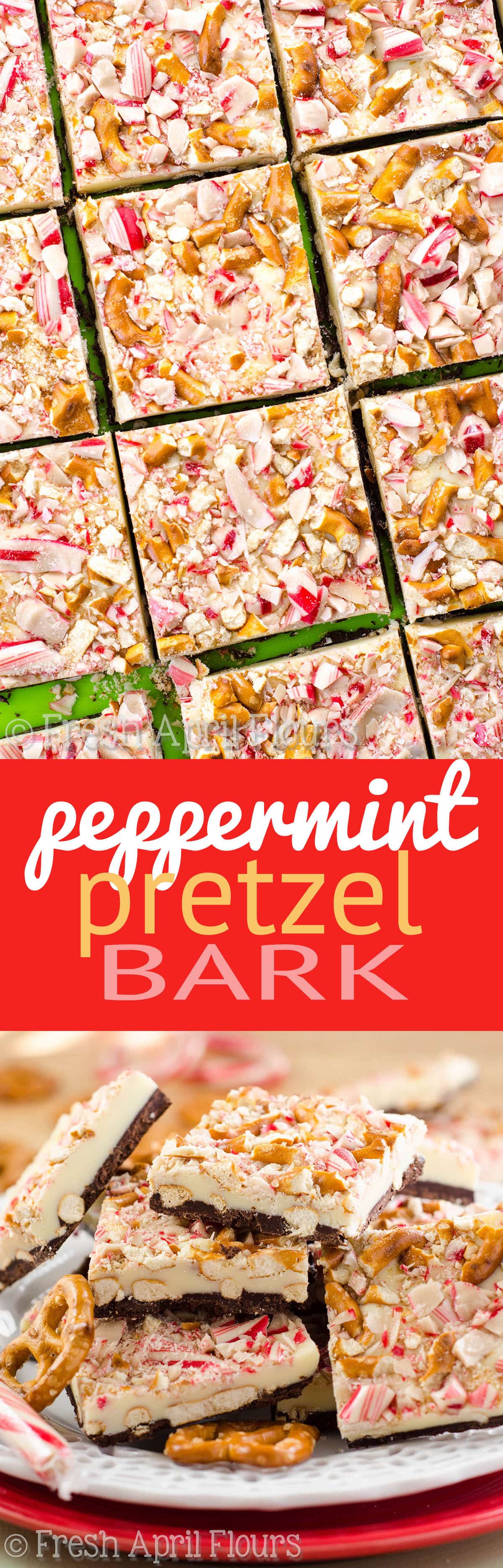 Give classic peppermint bark a salty twist this year with pretzel pieces! Perfect for cookie trays and homemade gifts. via @frshaprilflours