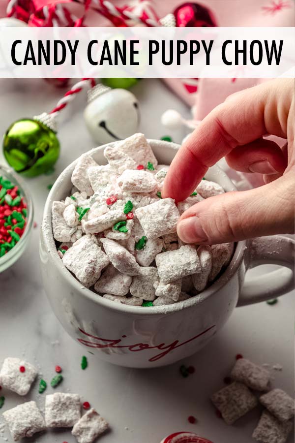 This candy cane puppy chow is a sweet and crunchy holiday snack mix made with crisp rice cereal, creamy white chocolate, and minty candy cane pieces. This easy recipe comes together in under 10 minutes and is a great addition to holiday cookie trays and dessert spreads. via @frshaprilflours