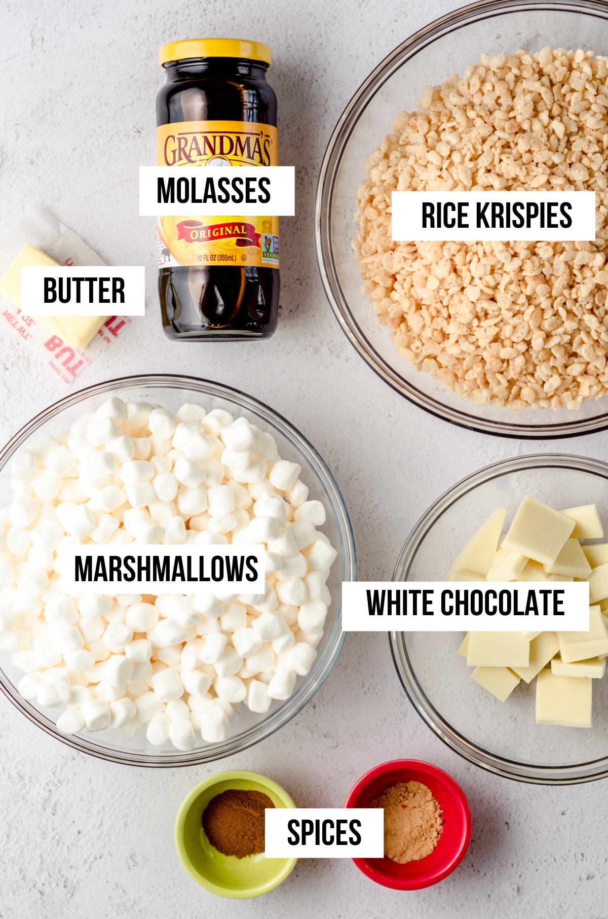 Aerial photo of ingredients for gingerbread Rice Krispies treats with text overlay.
