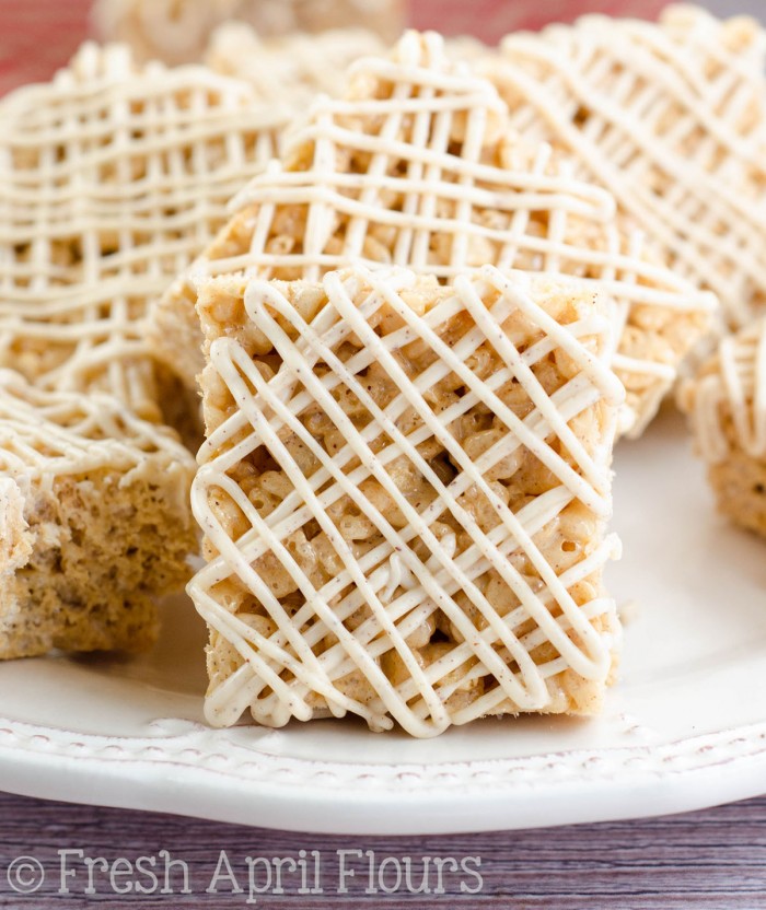 Gingerbread Rice Krispies Treats: Simple Rice Krispies Treats get a holiday upgrade-- spiced with molasses, cinnamon, and ginger and drizzled with a spiced white chocolate. Perfect for cookie trays!