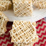 Gingerbread Rice Krispies Treats: Simple Rice Krispies Treats get a holiday upgrade-- spiced with molasses, cinnamon, and ginger and drizzled with a spiced white chocolate. Perfect for cookie trays!