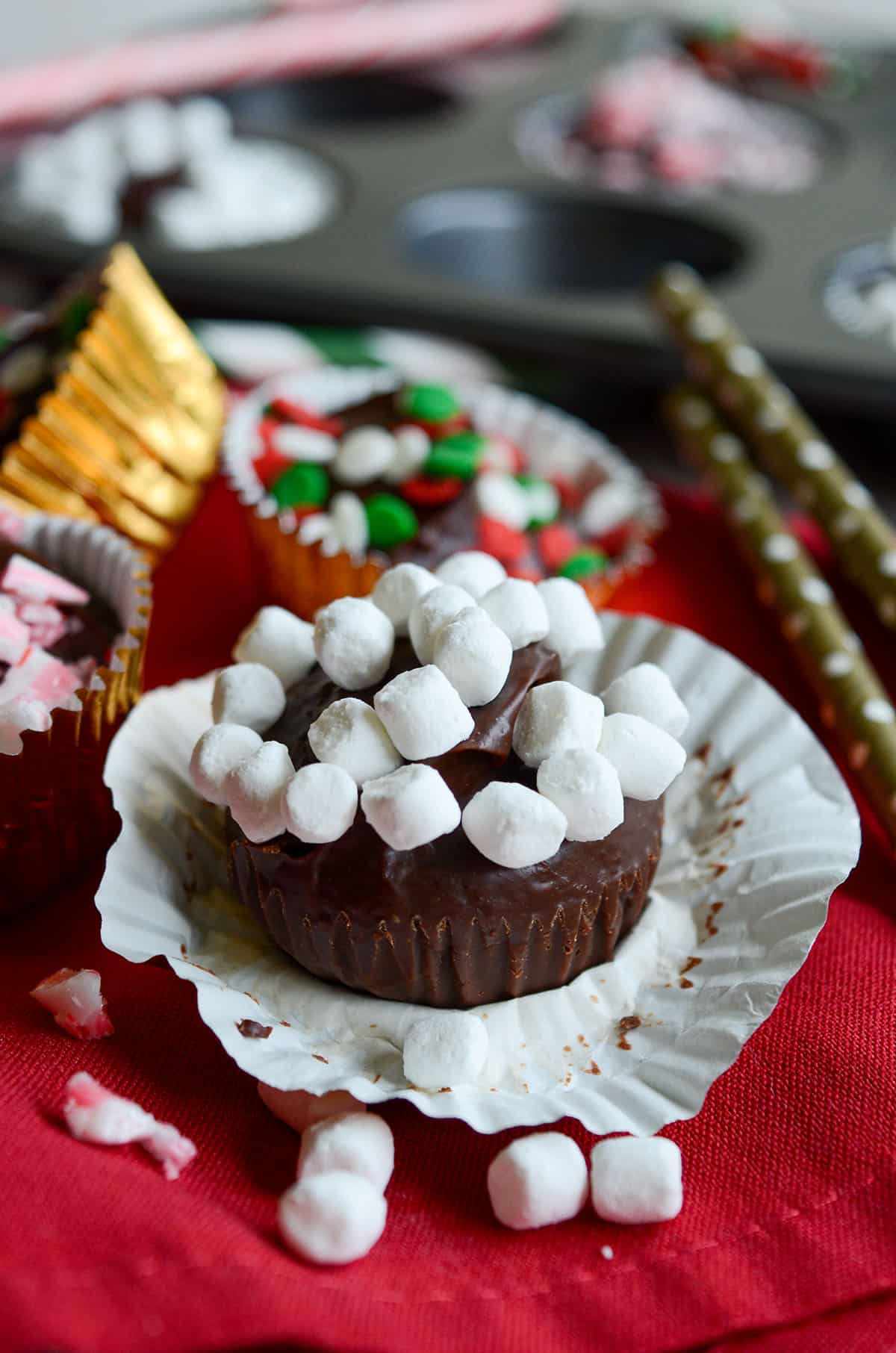 unwrapped hot chocolate bomb sitting in wrapper ready to use