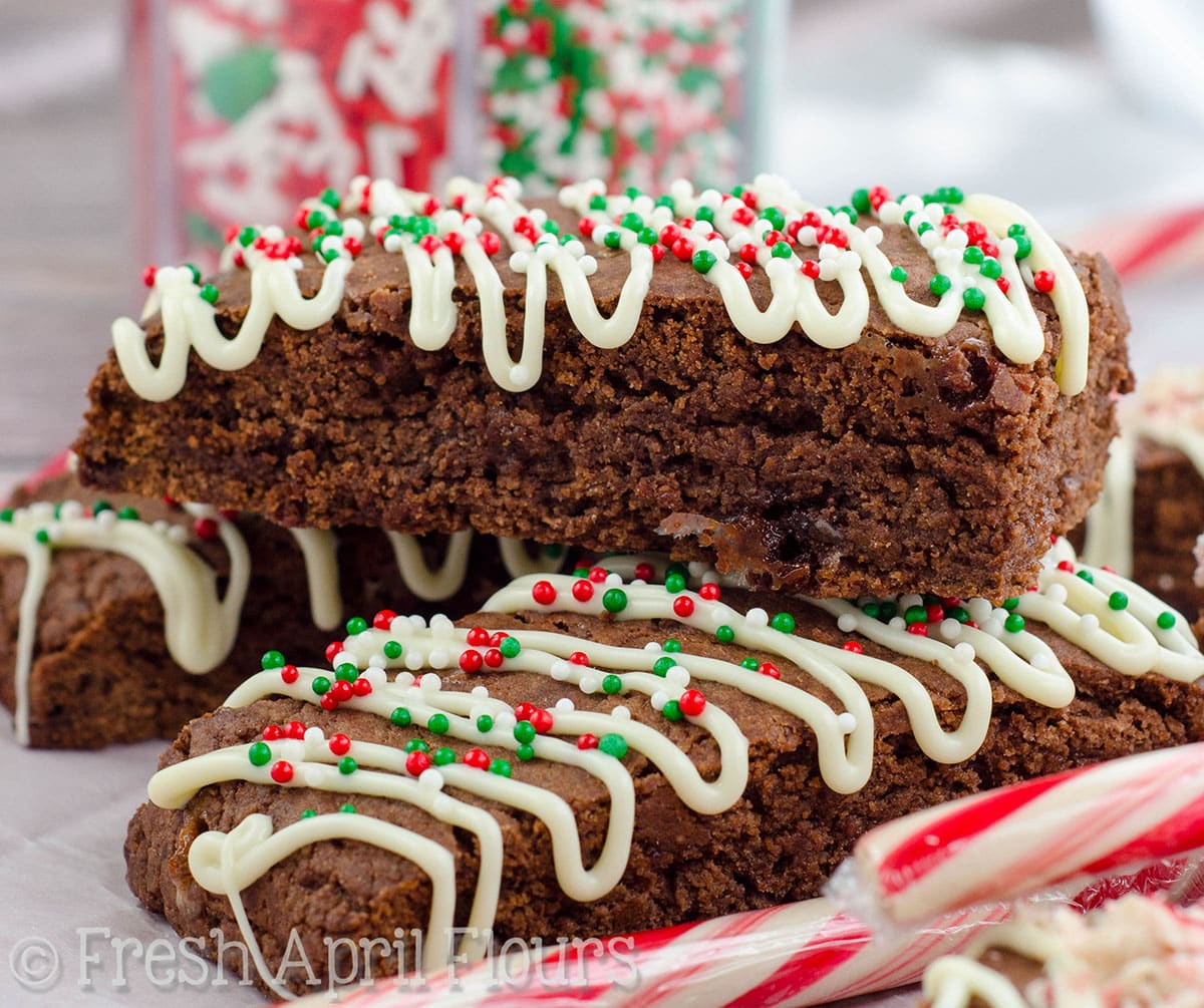 A stack of chocolate peppermint biscotti.