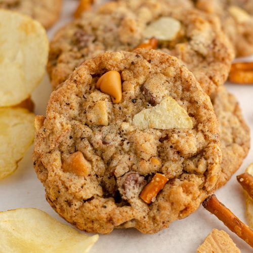 compost cookie with chips and pretzel pieces