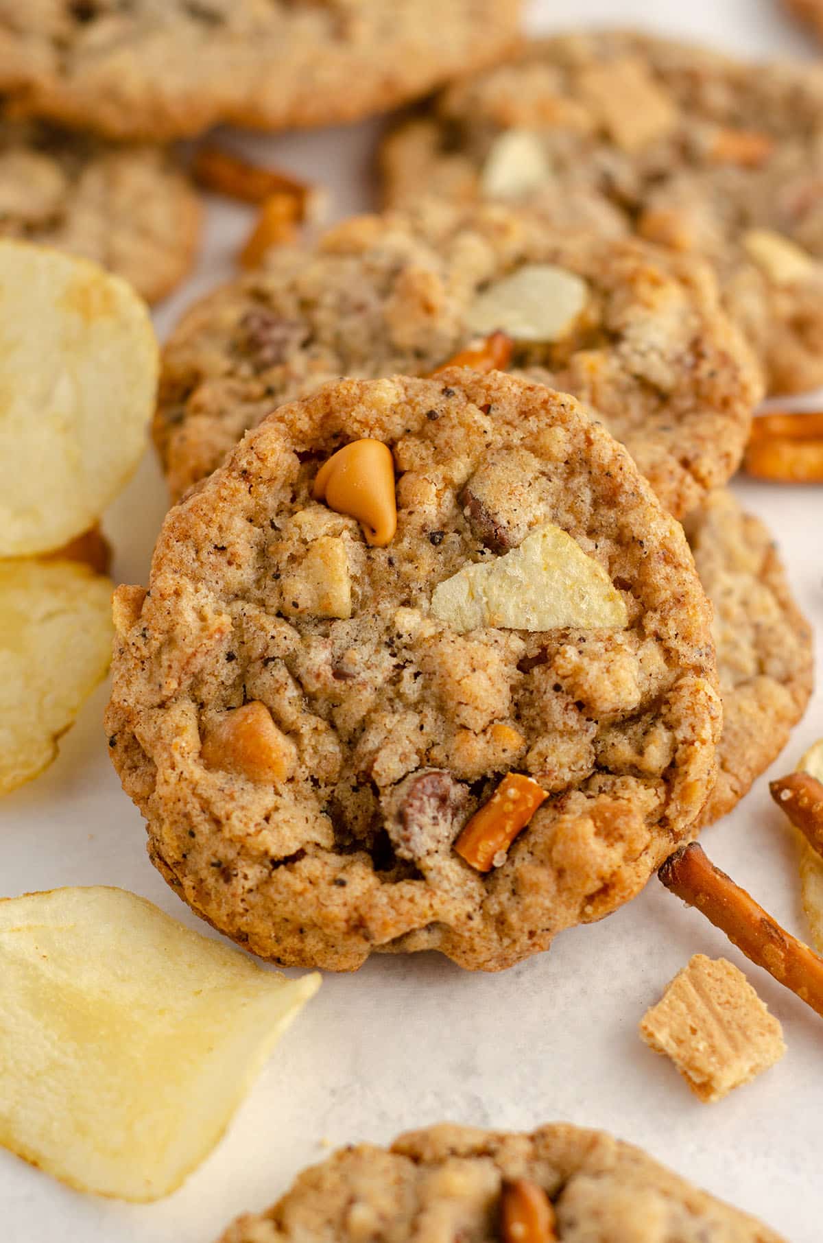 compost cookie with chips and pretzel pieces