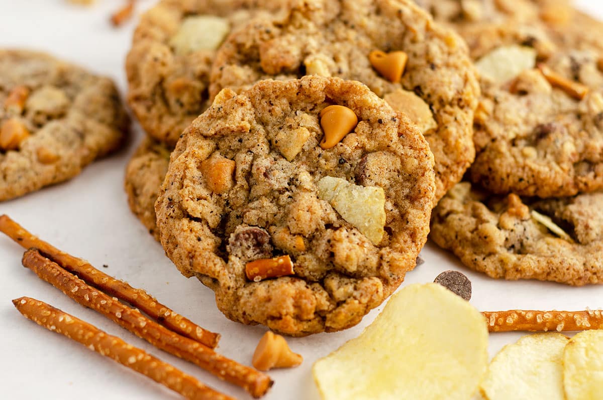 aerial photo of compost cookie with chips, pretzel pieces, and chocolate chips