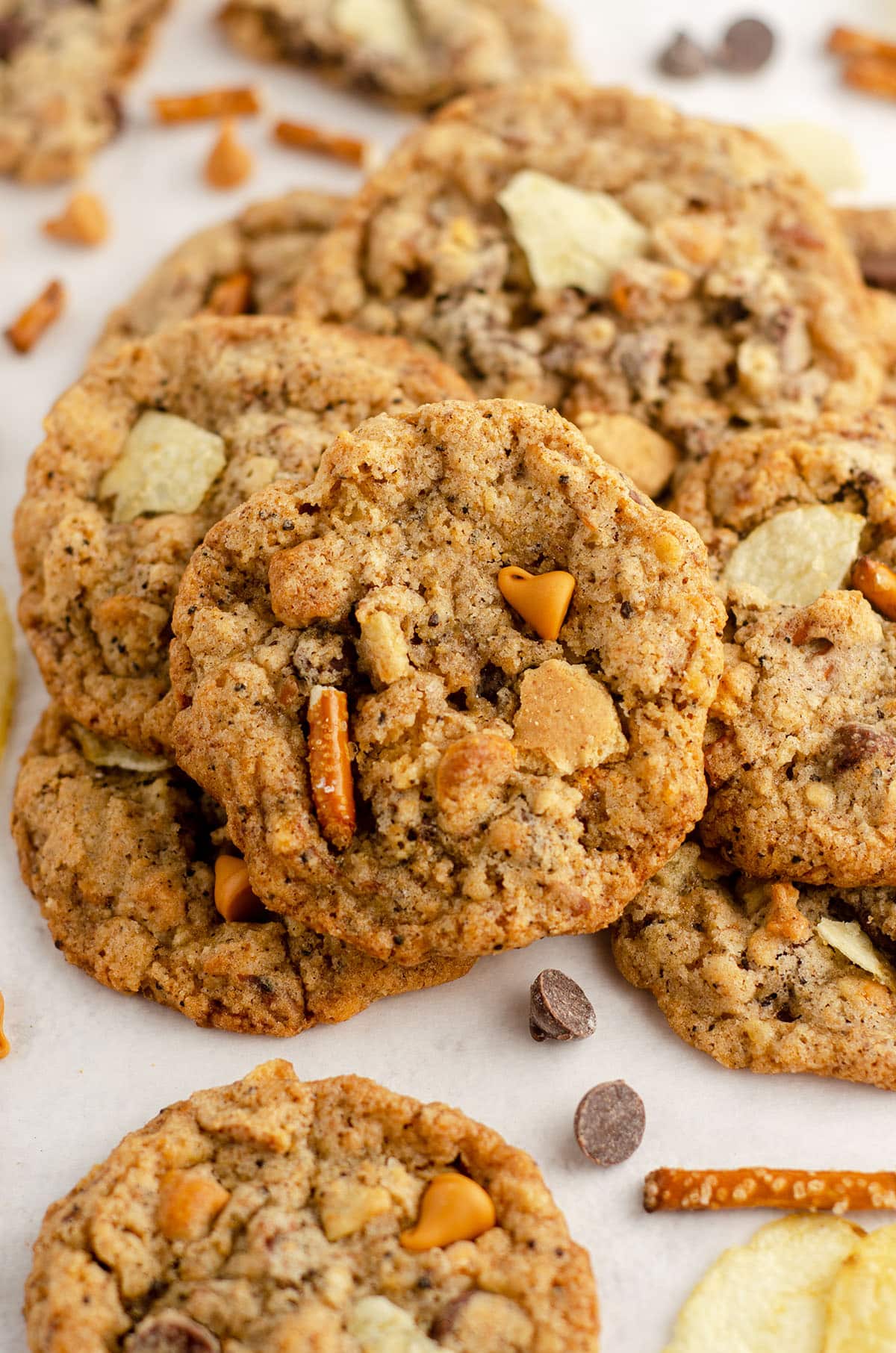 aerial photo of compost cookie with chips, pretzel pieces, and chocolate chips