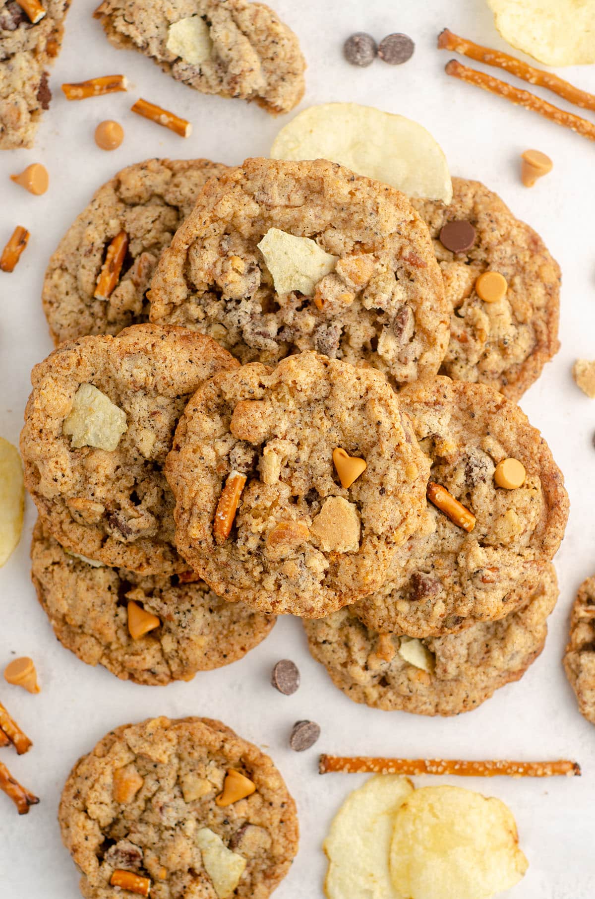 aerial photo of compost cookie with chips, pretzel pieces, and chocolate chips