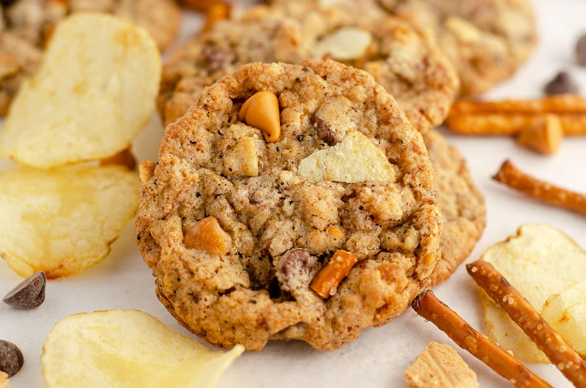 compost cookie with chips and pretzel pieces