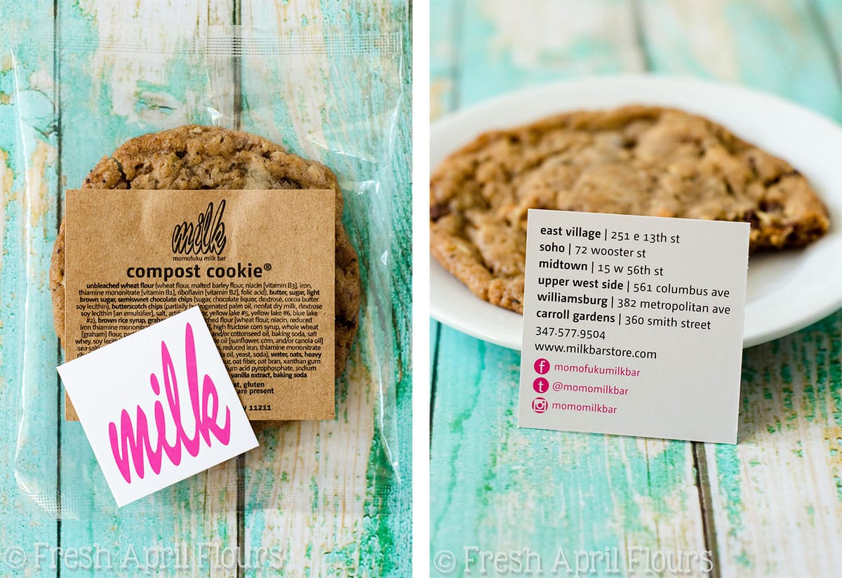 milk bar's compost cookie sitting on a plate with the milk bar logo and business card