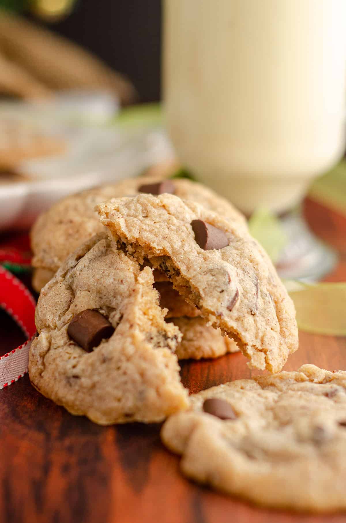 eggnog chocolate chunk cookie broken in half cookie