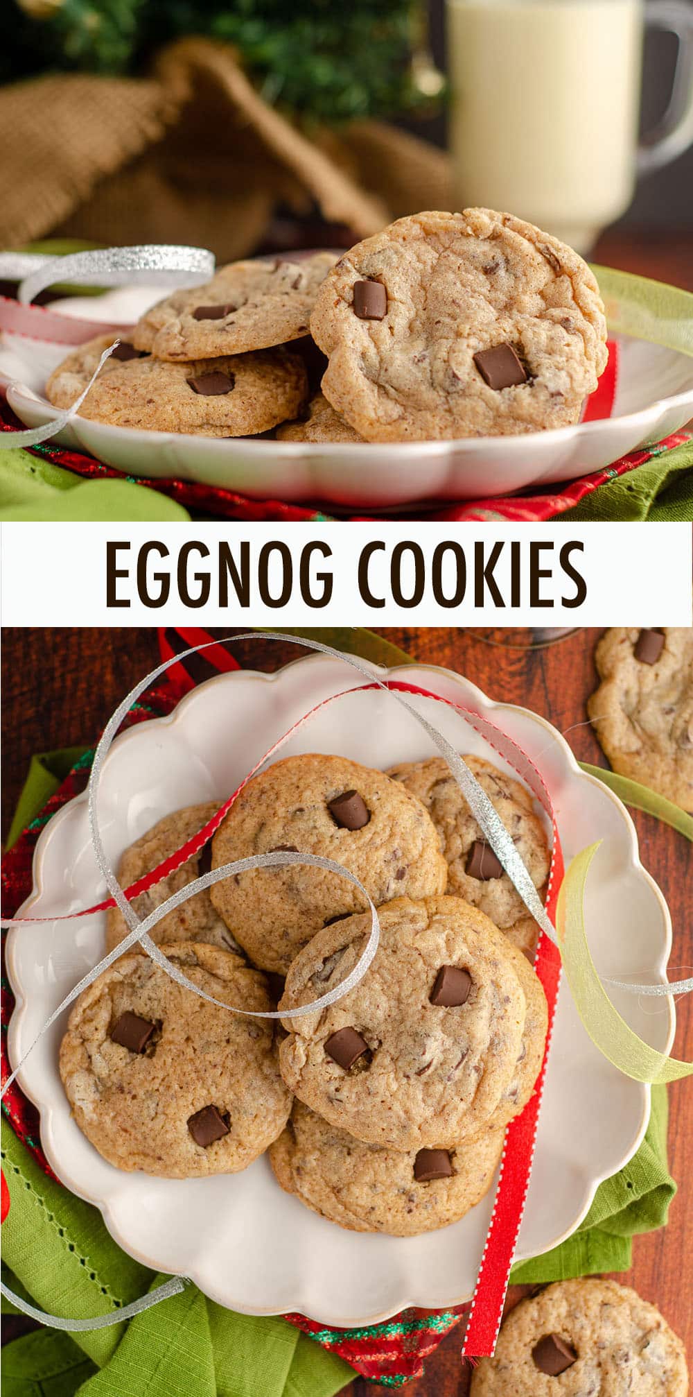 Tender cookies with crunchy edges spiced with cinnamon, nutmeg, and actual eggnog. Chocolate chunks add the perfect complement to all the spice! via @frshaprilflours