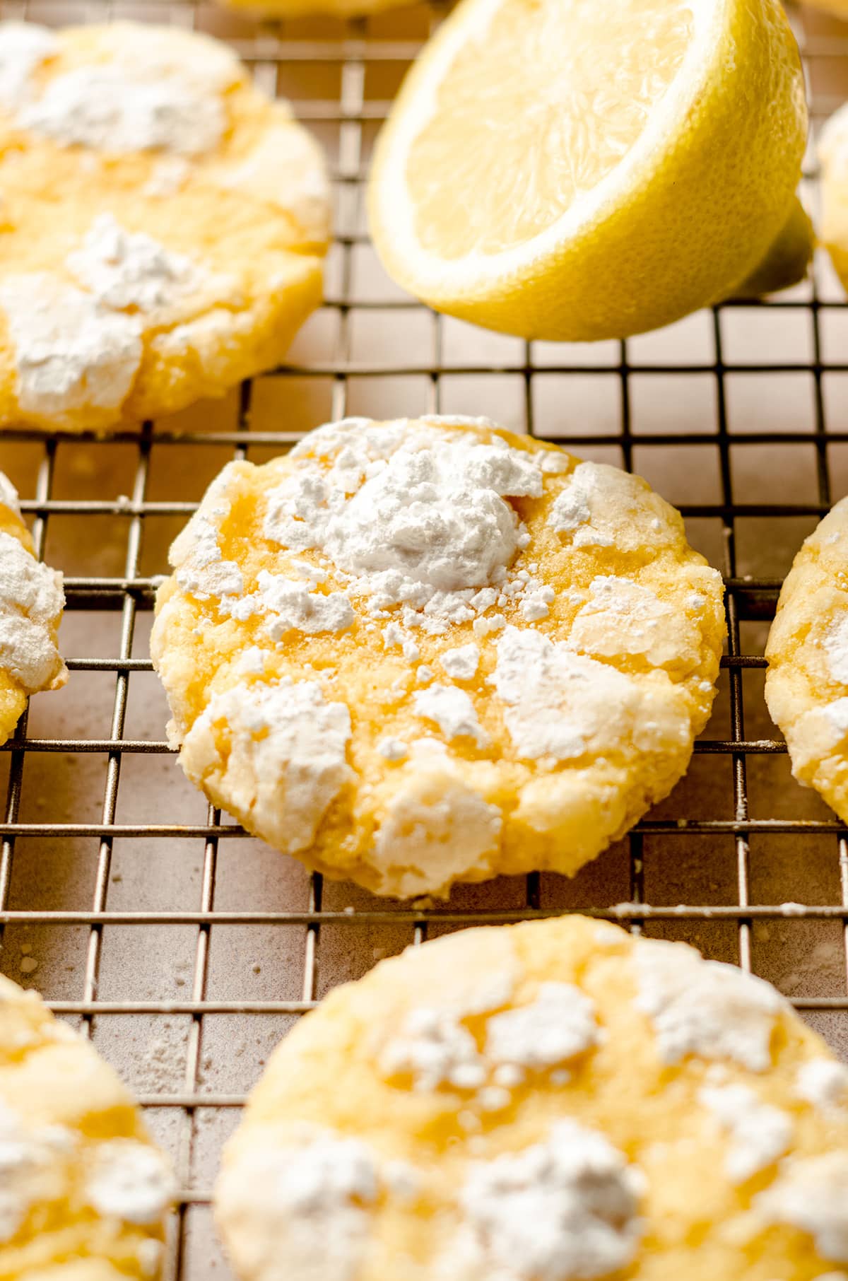 lemon crinkle cookies on a cooling rack