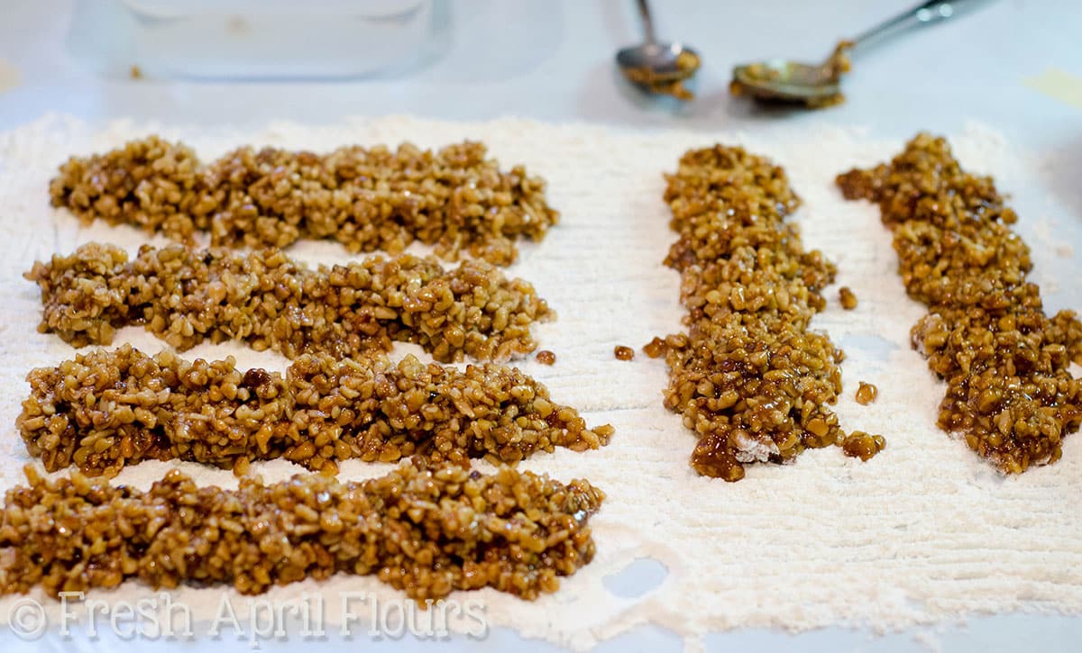 preparing filling for honey walnut cookie sticks