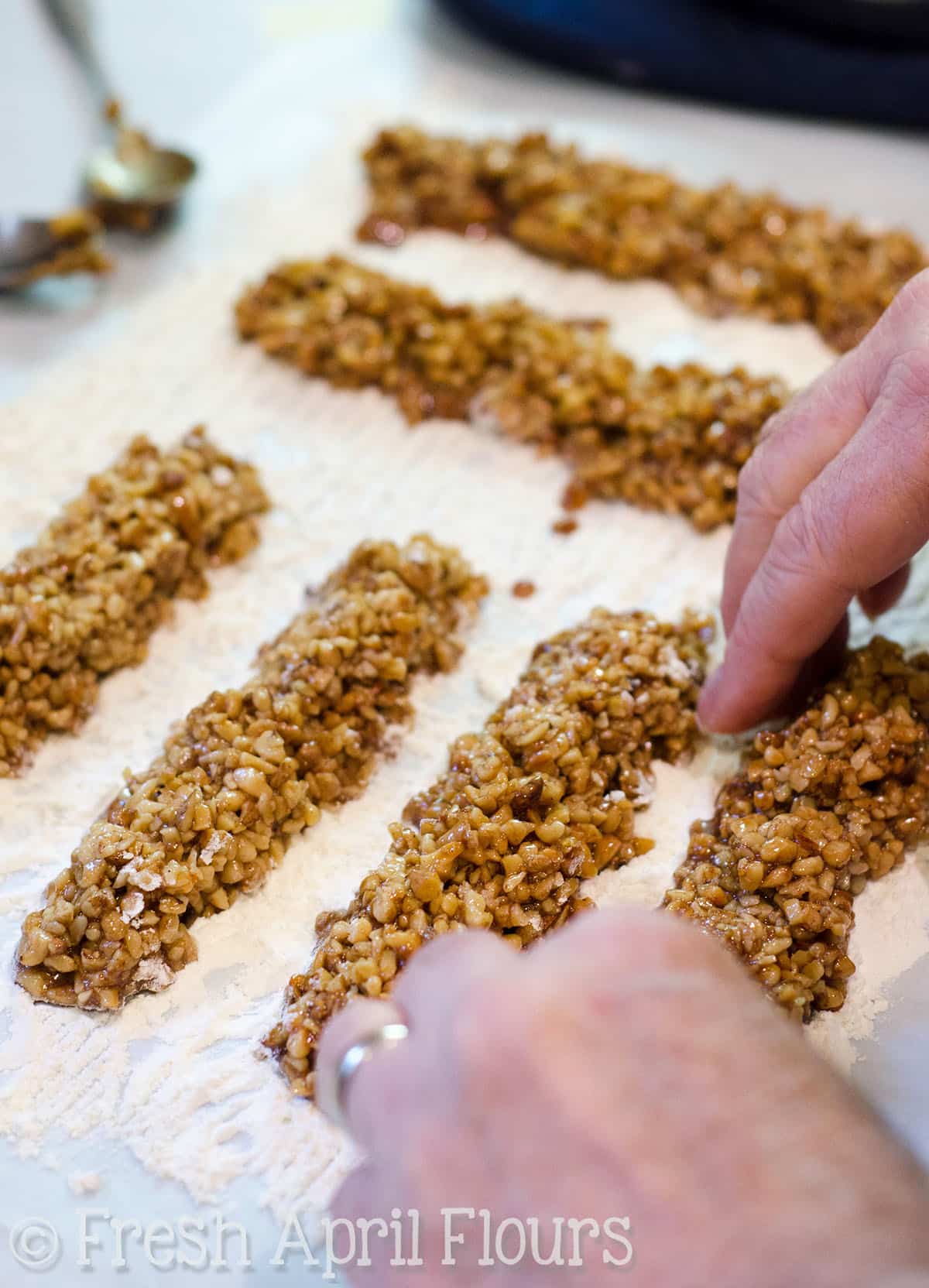 preparing the filling for honey walnut cookie sticks