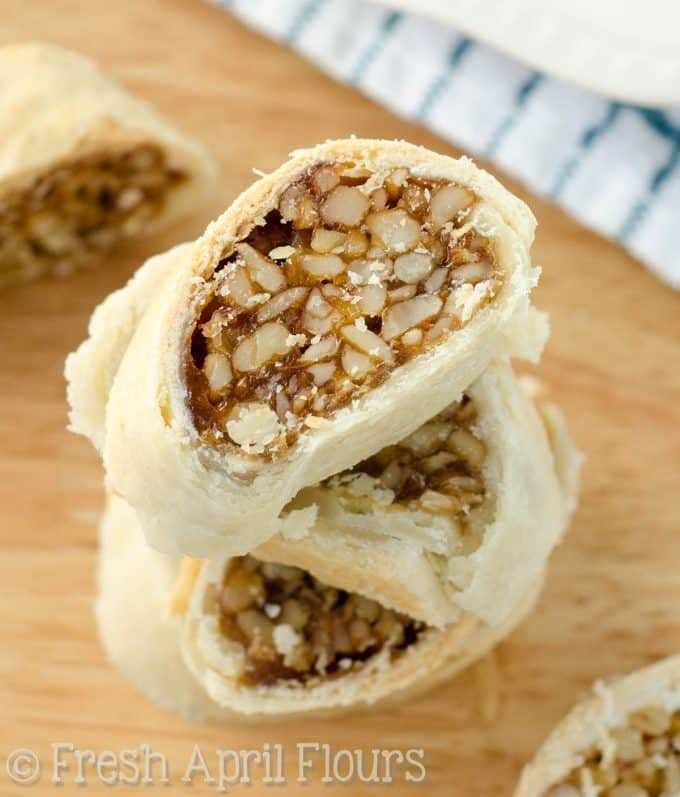 Honey Walnut Cookie Sticks (Sfratti): Traditional Italian cookies made from a spiced honey walnut filling and wrapped in homemade pie crust.