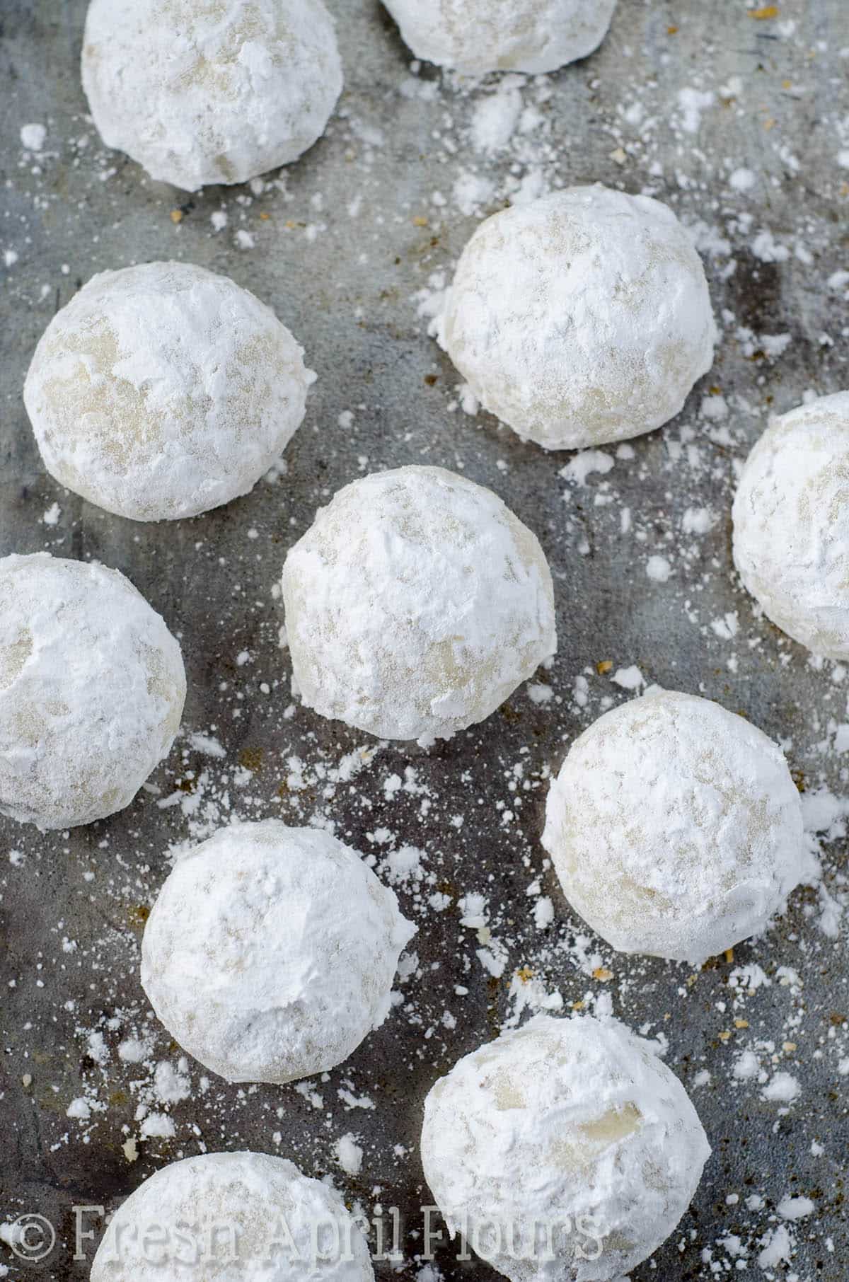 russian tea cakes on a baking sheet