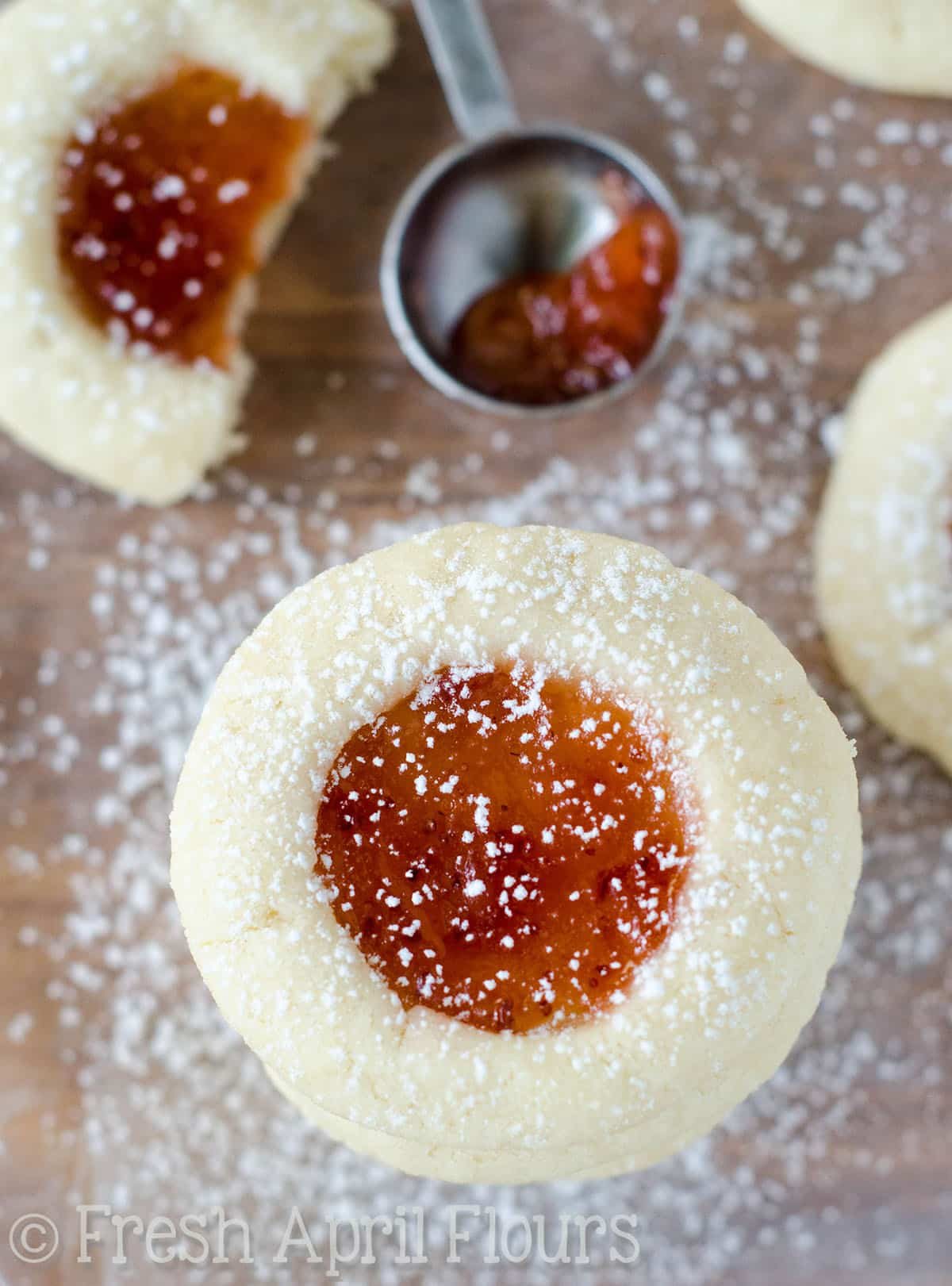 Aerial photo of a stack of thumbprint cookies.
