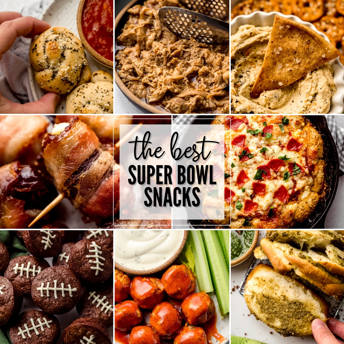 A collage of Super Bowl snacks with text overlay.