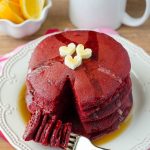 Red Velvet Pancakes: Light and fluffy pancakes made easily with red velvet cake mix. Ready in no time so you can enjoy Valentine's Day breakfast with your sweetie!