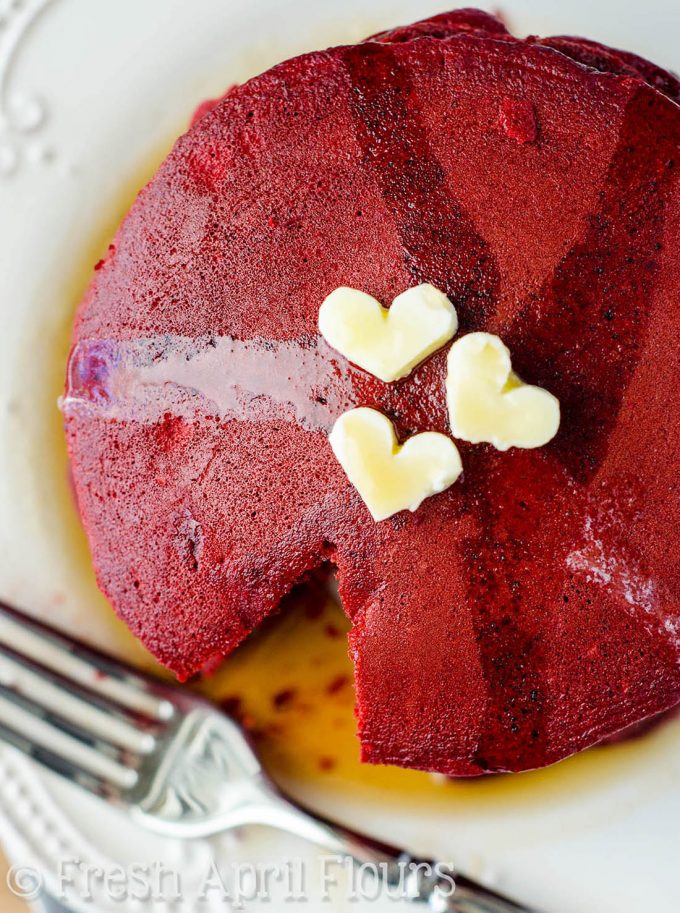 Red Velvet Pancakes: Light and fluffy pancakes made easily with red velvet cake mix. Ready in no time so you can enjoy Valentine's Day breakfast with your sweetie!