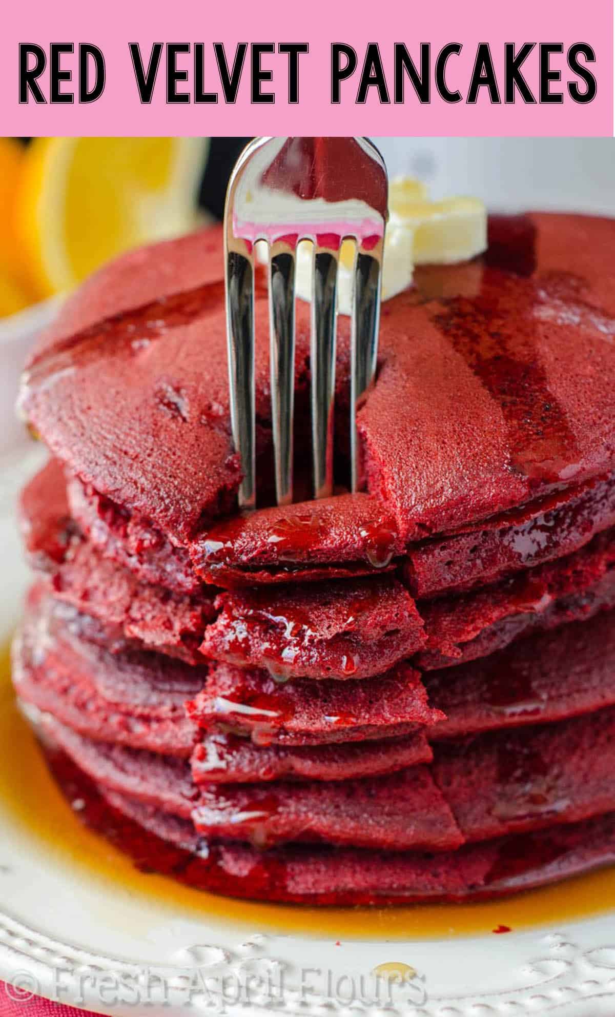 Light and fluffy pancakes made easily with red velvet cake mix. Ready in no time so you can enjoy Valentine's Day breakfast with your sweetie! via @frshaprilflours