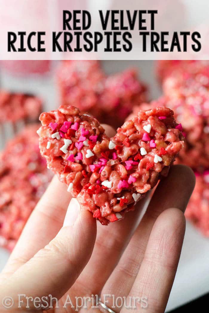 Easy Rice Krispies treats made with red velvet cake mix. Perfect for your Valentine! via @frshaprilflours