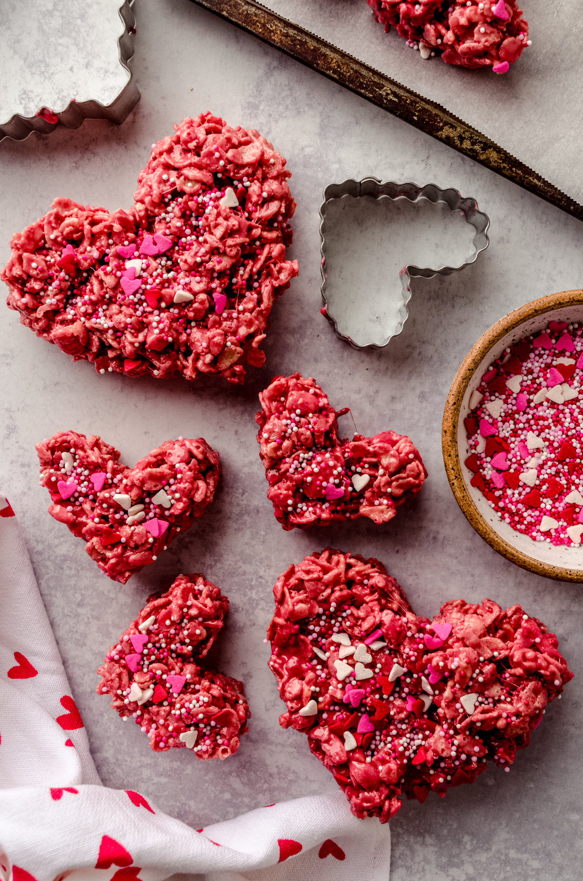 Heart-shaped red velvet Rice Krispie treats.
