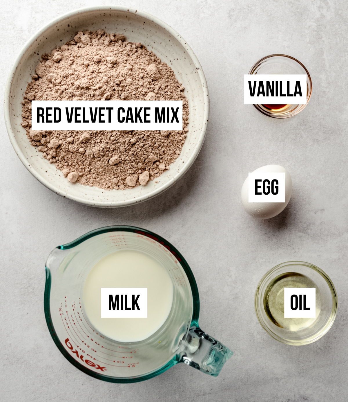 Aerial photo of ingredients for red velvet pancakes with text overlay.