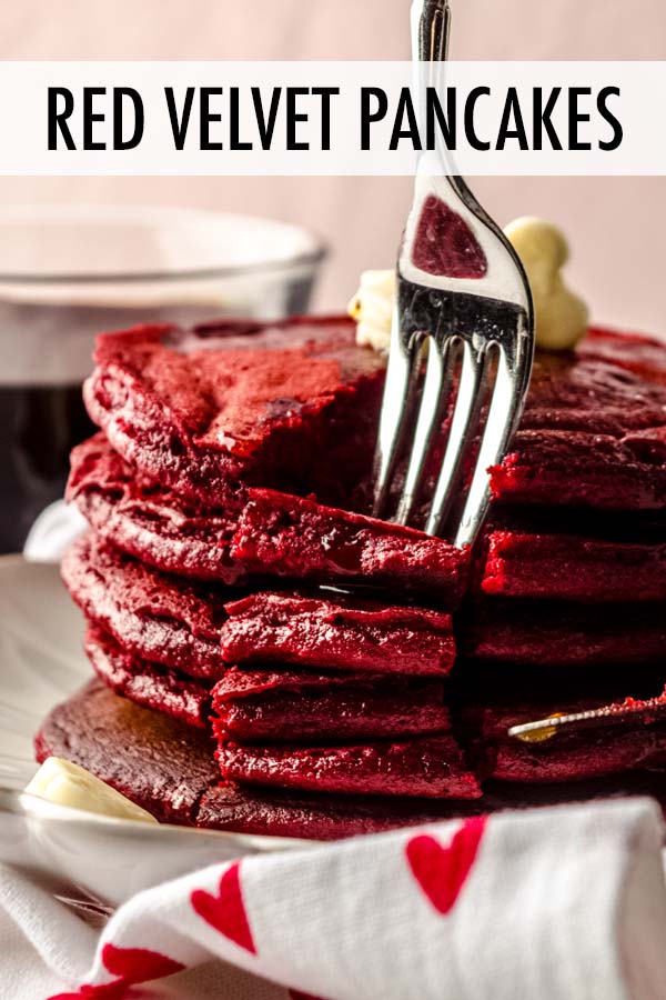 This red velvet pancake recipe starts with a red velvet cake mix to produce perfectly light and fluffy pancakes. Serve with traditional maple syrup, homemade whipped cream, or cream cheese frosting for a fun Valentine's Day breakfast or brunch. via @frshaprilflours