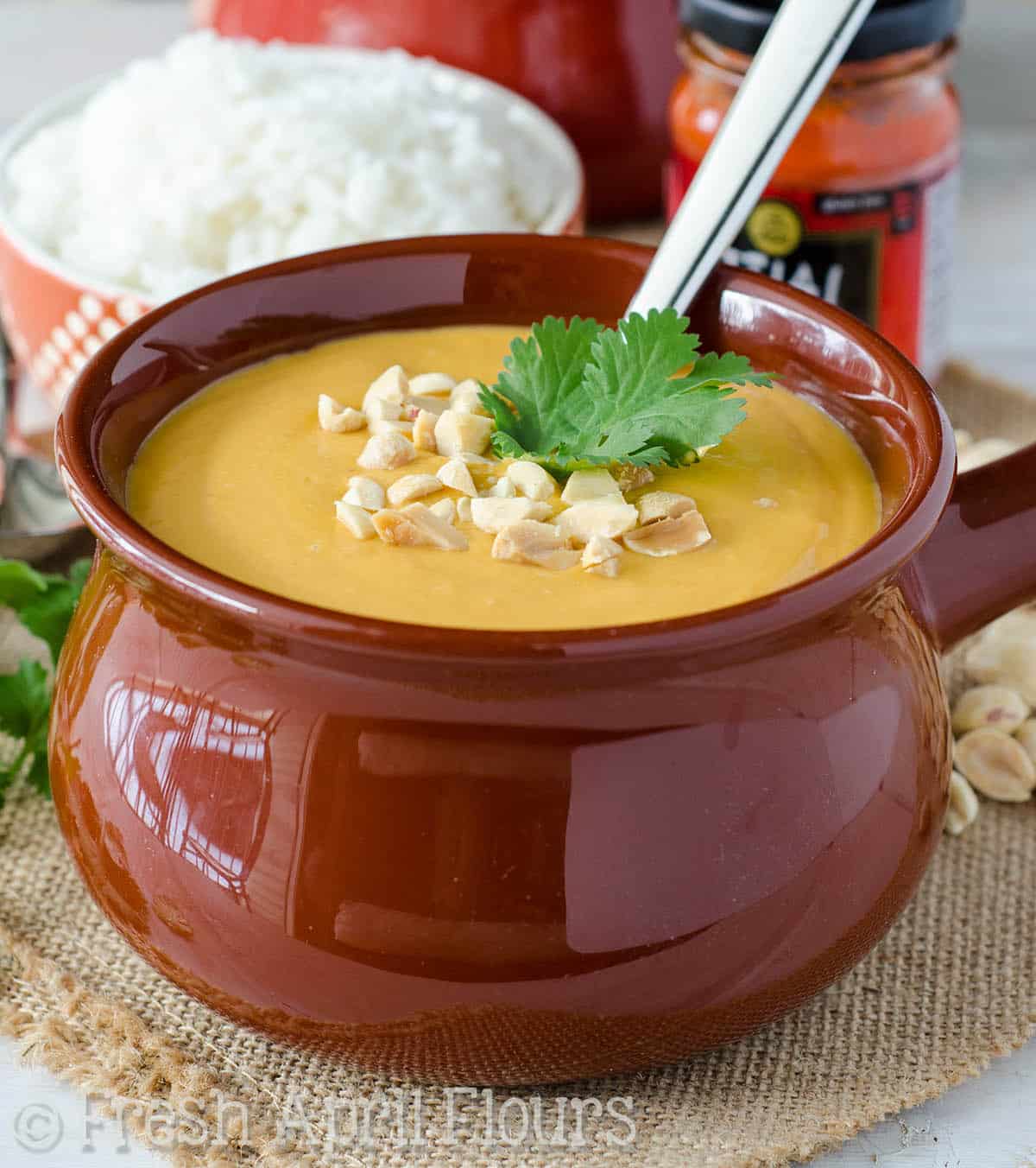 Thai Peanut Soup: Nutty and flavorful soup, filled with lots of veggies, a little bit of heat, and all of the flavors you love about Thai food. Serve over rice, add some meat, or add noodles to make this suit your meal needs and tastebuds.