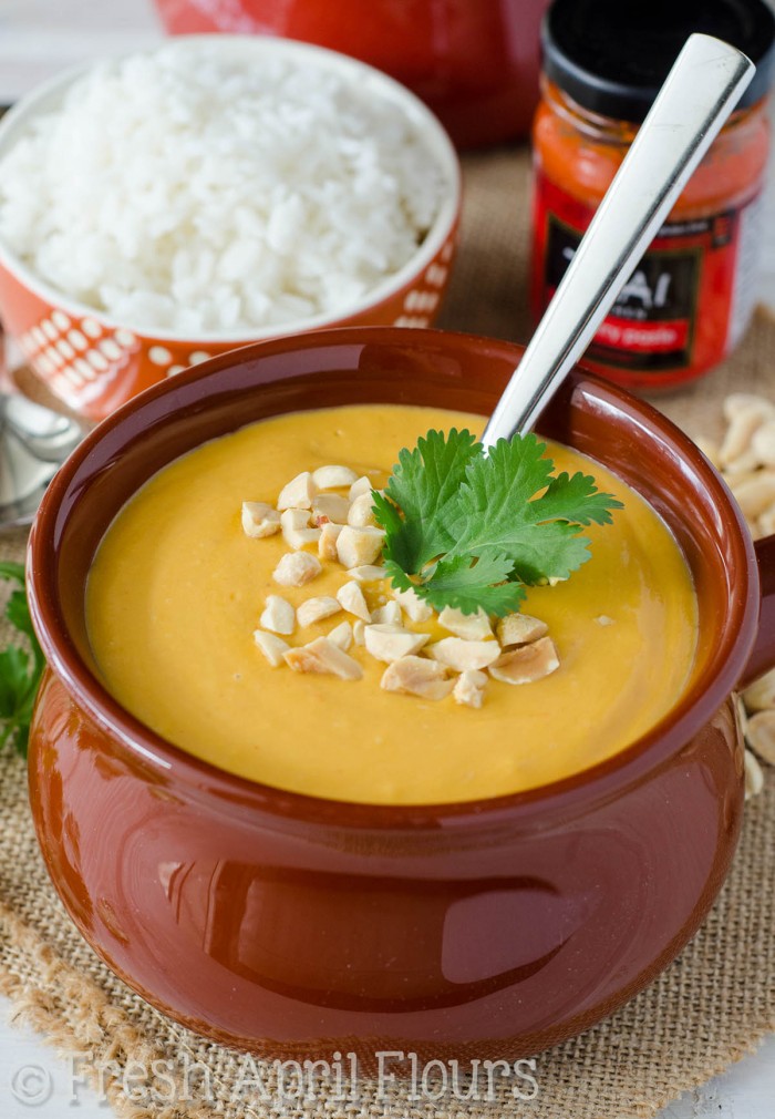 Thai Peanut Soup: Nutty and flavorful soup, filled with lots of veggies, a little bit of heat, and all of the flavors you love about Thai food. Serve over rice, add some meat, or add noodles to make this suit your meal needs and tastebuds.