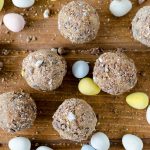 Cadbury Egg Cookie Dough Bites: Eggless and safe-to-eat chocolate chip cookie dough balls filled and coated with crunchy pieces of Cadbury Mini Eggs. The perfect treat for Easter!