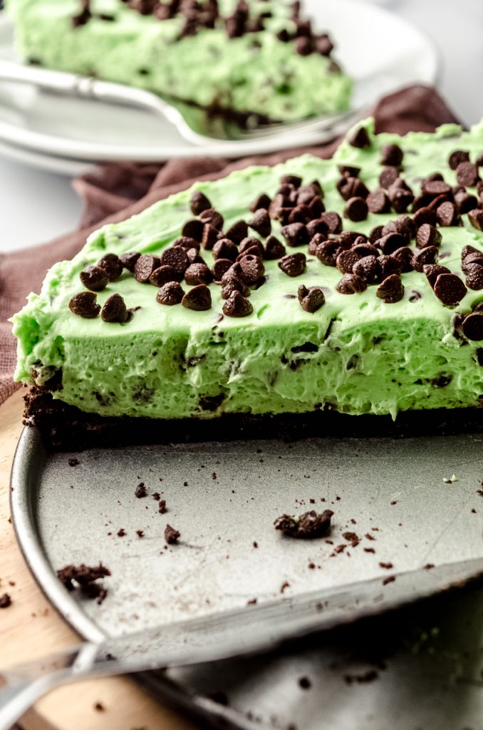 No bake mint chocolate chip pie on a platter.