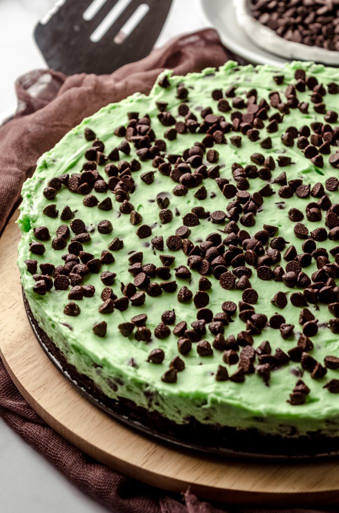 No bake mint chocolate chip pie on a platter.