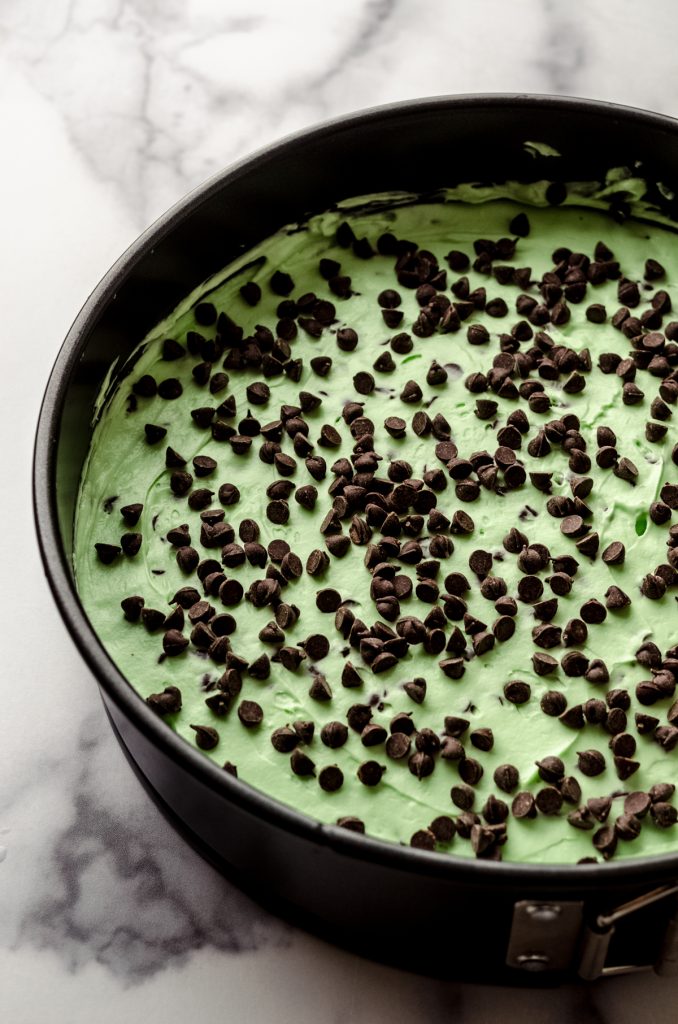 No bake mint chocolate chip pie in a springform pan.