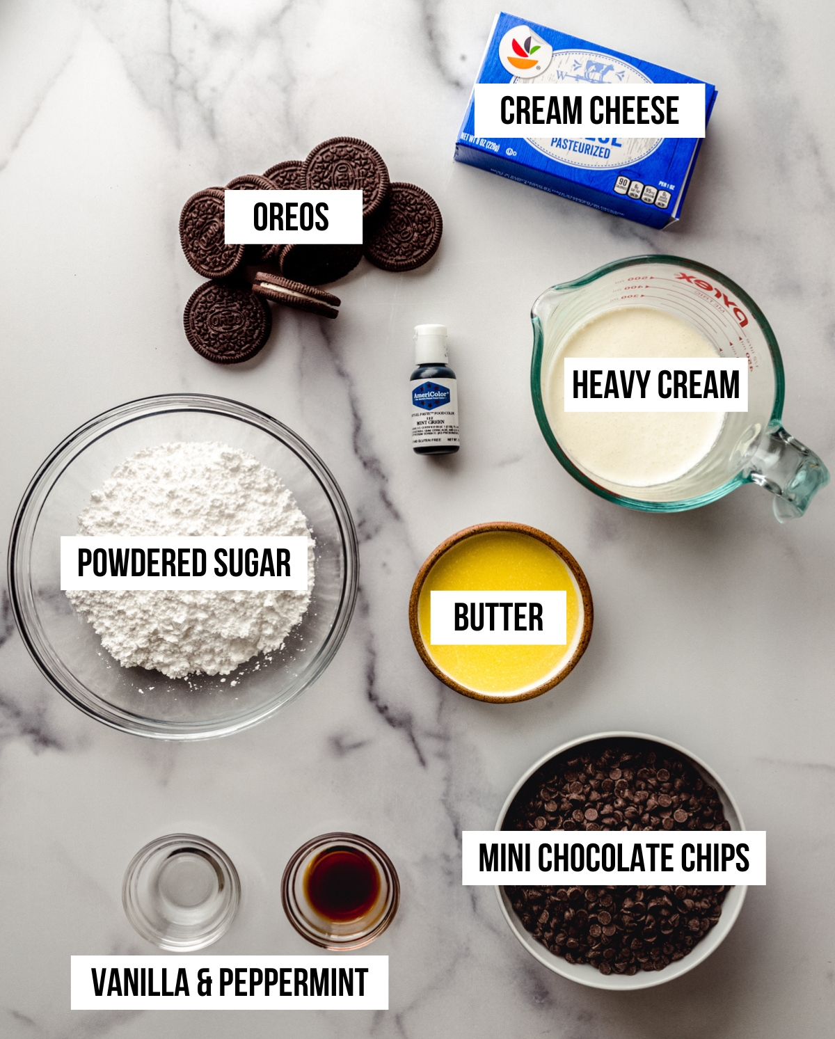 Aerial photo of ingredients for no bake mint chocolate chip pie with text overlay.